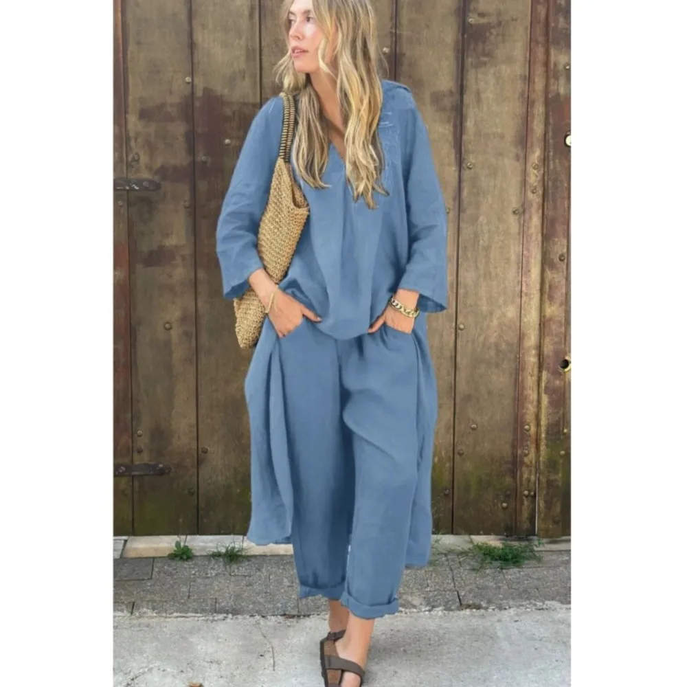 Новые летние модные хлопковые льняные брюки женский комплект из 2 предметов