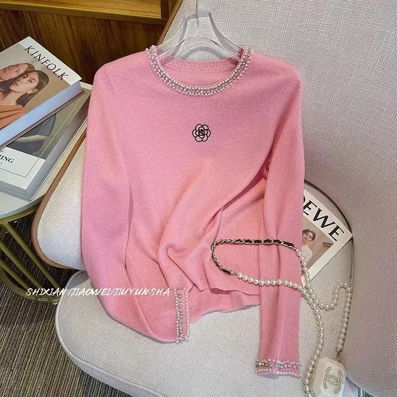 Женский свитер с вышивкой камелии и жемчугом вязаный пуловер в стиле шик джемпер