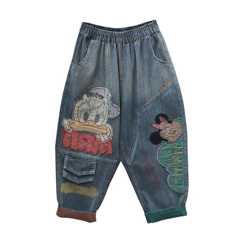 2023 New Baggy Pants Trousers Cartoon Patch Jeans Women's Clothes Elastic Waist Contrast Color Curling Small Cropped Harem Pants