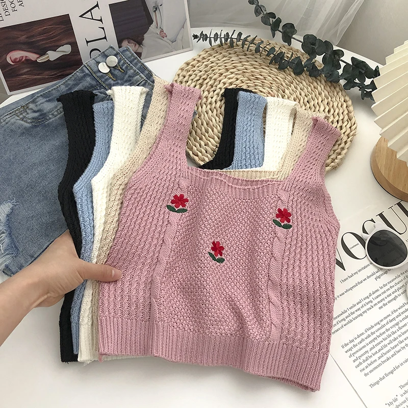 

Топ женский с цветочной вышивкой, милая Базовая майка на бретелях, корсет-бюстье, модная летняя одежда