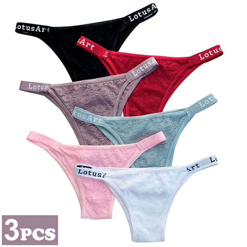 

Hot 3pcs Women's Sexy Lace Panties Low Rise Cotton Underwear Seamless Tanga Briefs Female Brazilians Thong Solid Color Lingerie