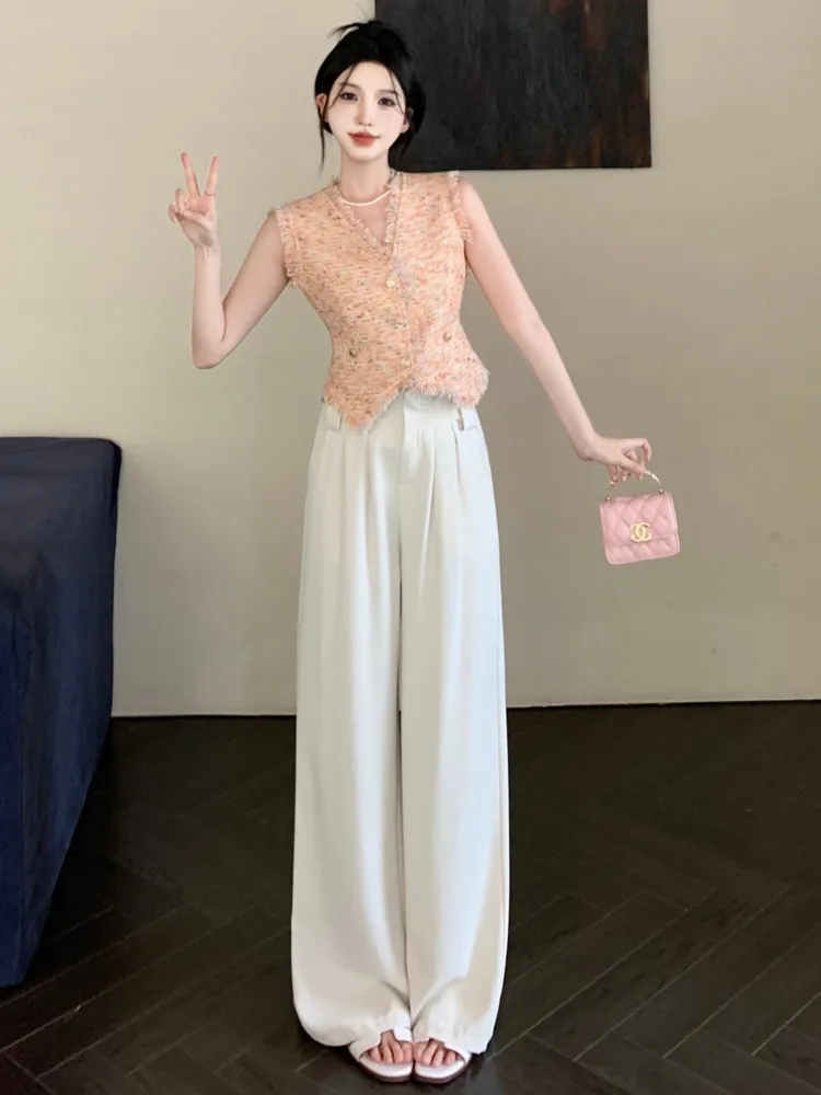 

High Quality Fashion Casual Two Piece Set Women Summer Tweed Vest Crop Top + Wide Leg Pant Sets Y2K Streetwear 2 Piece Pant Suit
