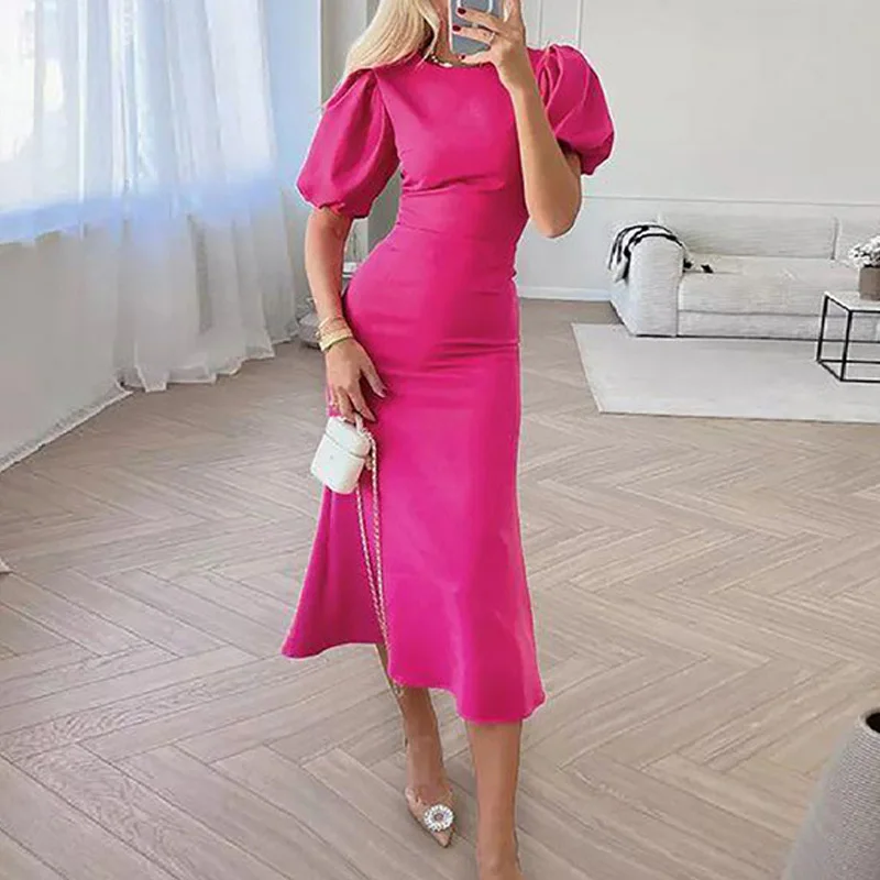 

Женское офисное платье-трапеция с круглым вырезом, новинка 2023, повседневное однотонное платье для выпускного, модное элегантное облегающее...