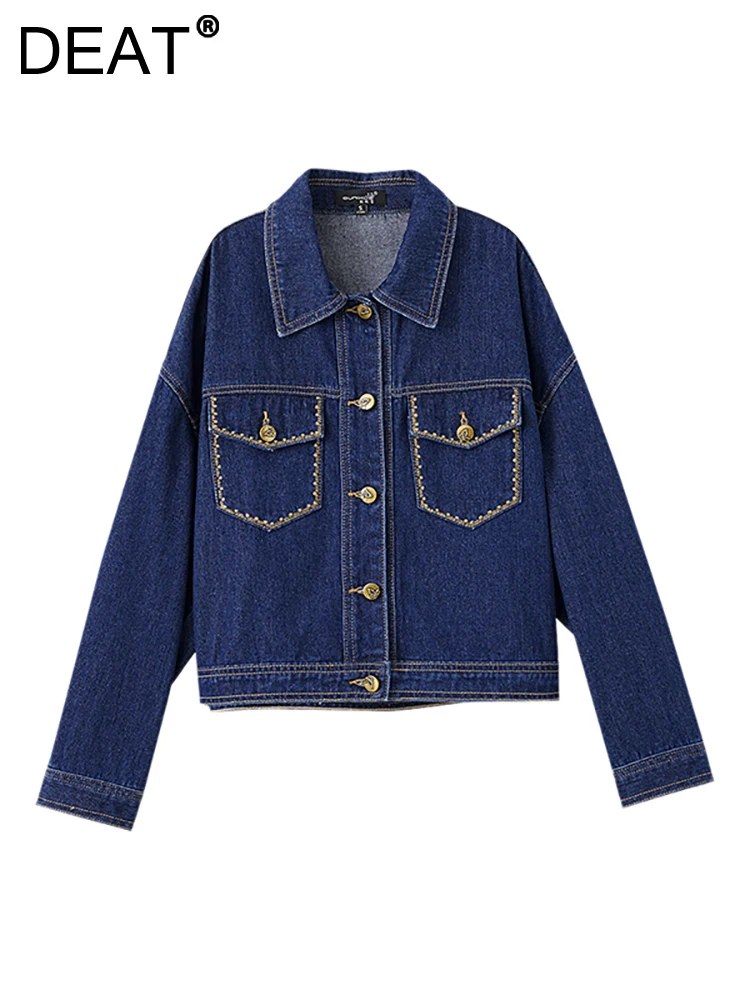 

DEAT Women's Denim Coat Butterfly Buttons Embroidery Single Breasted Long Sleeve Navy Jackets 2023 Autumn New Fashion 29L3243