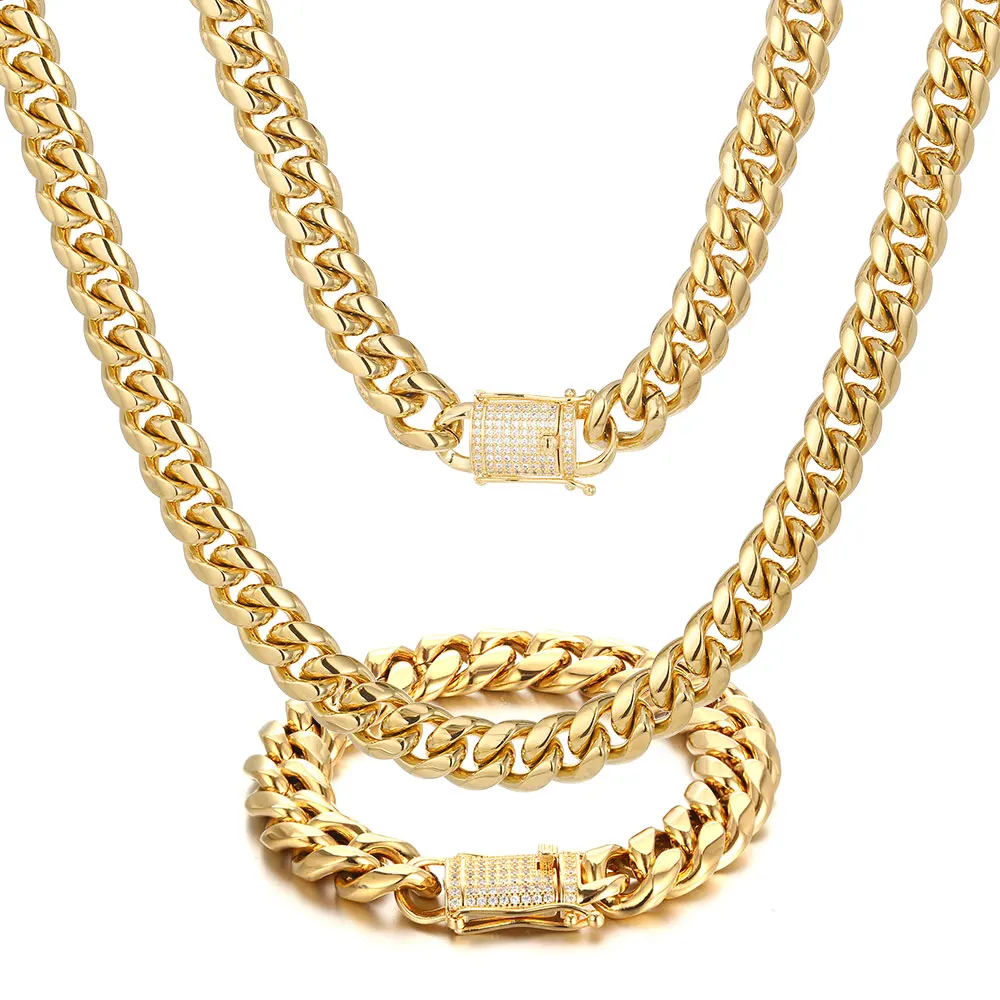 12mm Trendy Jewelry 316L Stainless Steel 18k Gold Plated Miami Cuban Curb Link Chain Men Women Necklace