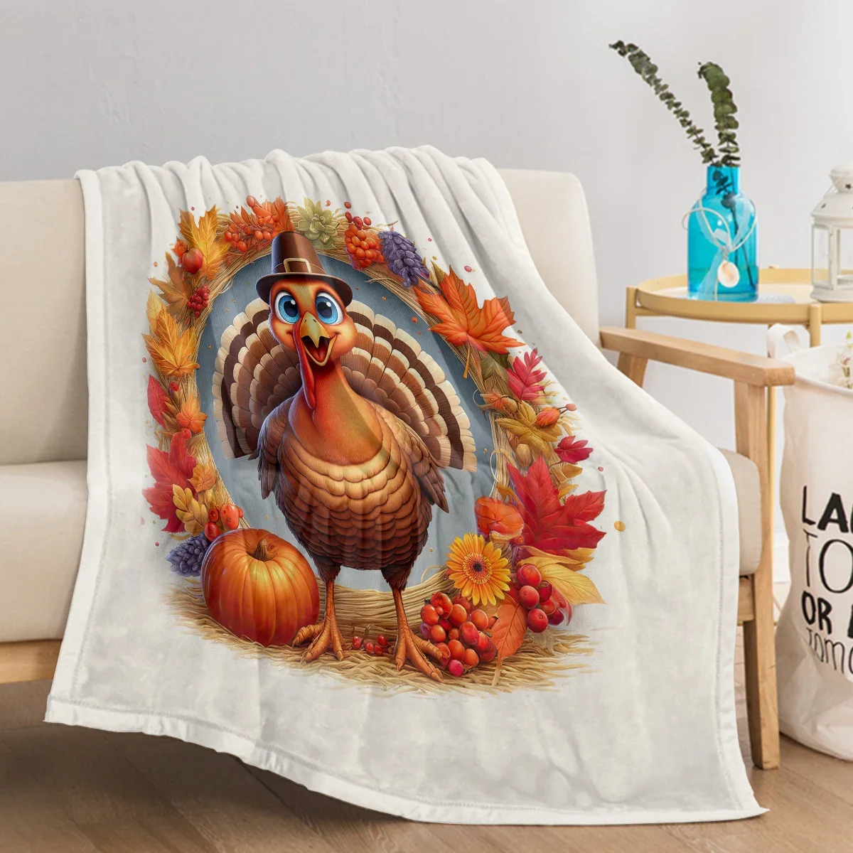 Одеяло для курицы с шапкой теплый мягкий плед принтом кленовых листьев фруктов