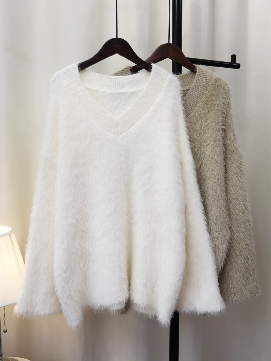 

Women Faux Mink Sweater Korean Autumn Winter V-Neck Long-Sleeved Knitted Tops Casual Loose Solid Bottoming Pullover