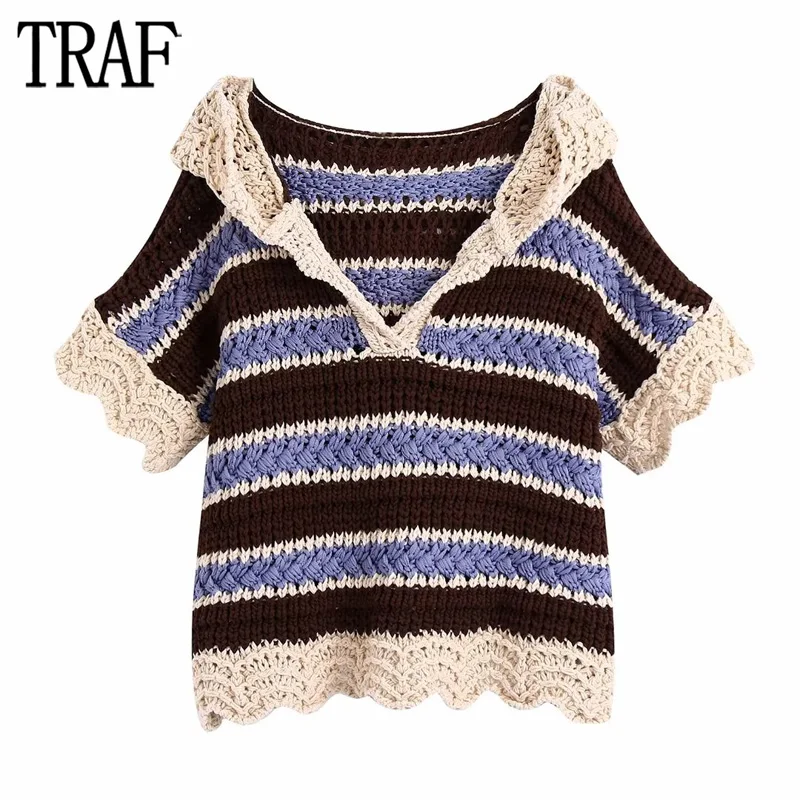 

TRAF Women Hooded Sweater Striped Cropped Sweaters Woman Winter 2023 Short Sleeve Knitted Sweater Women Pullover Women Coats