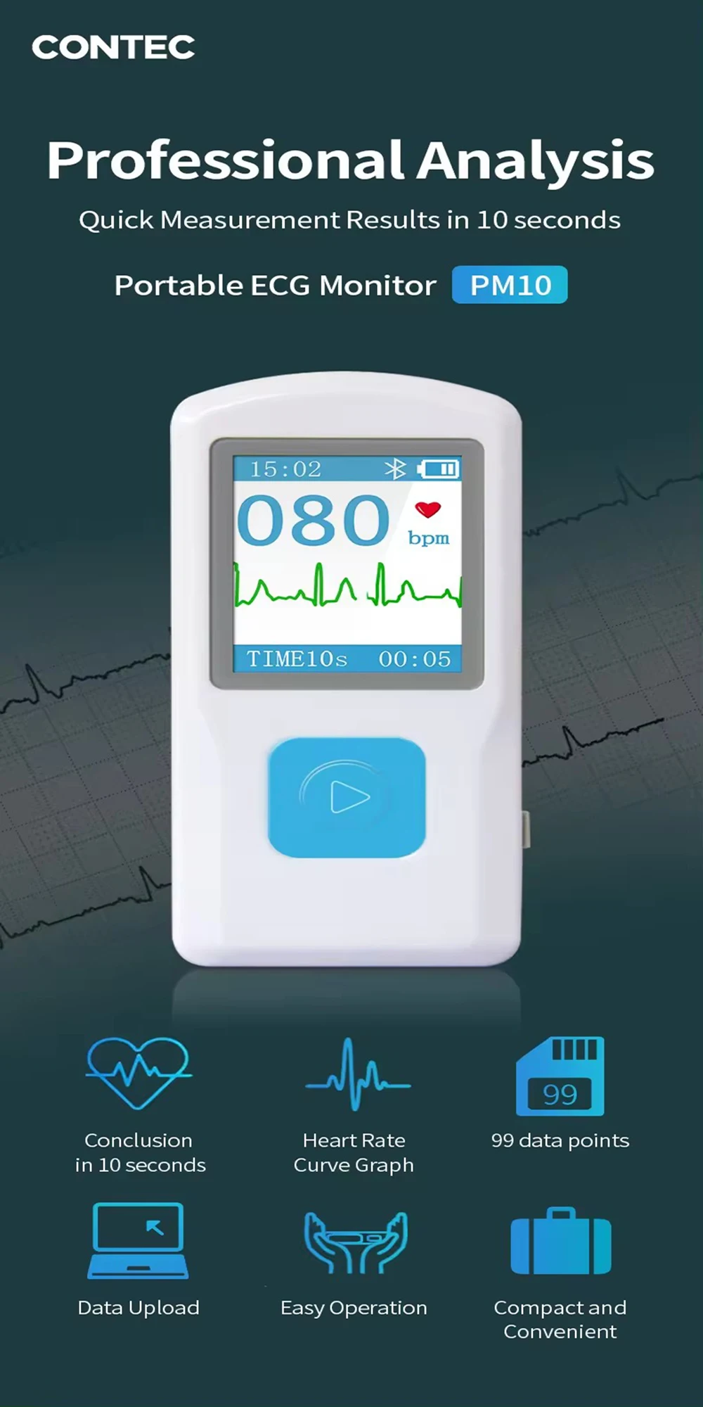 Монитор электрокардиограммы Bluetooth портативный динамический электрокардиограф