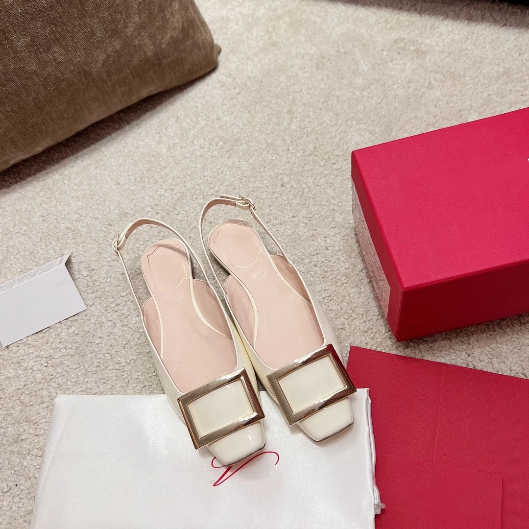 2023 Women's Shoes Spring and Summer Square Buckle Flat Sandals Square Toe Shallow Mouth Buckle Toe Shoes