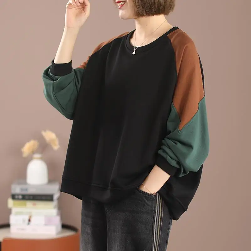 

Fashion O-Neck Spliced Loose T-Shirt Women Clothing 2022 Autumn New Oversized Loose Casual Pullovers All-match Korean Tee Shirt
