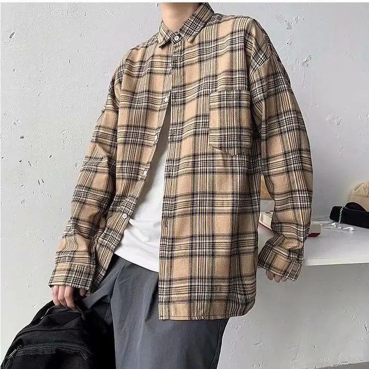 Summer Autumn Versatile Men's Cool Casual Loose Tess Button T-Shirt Soft Long Sleeve College Style Plaid Student Sport