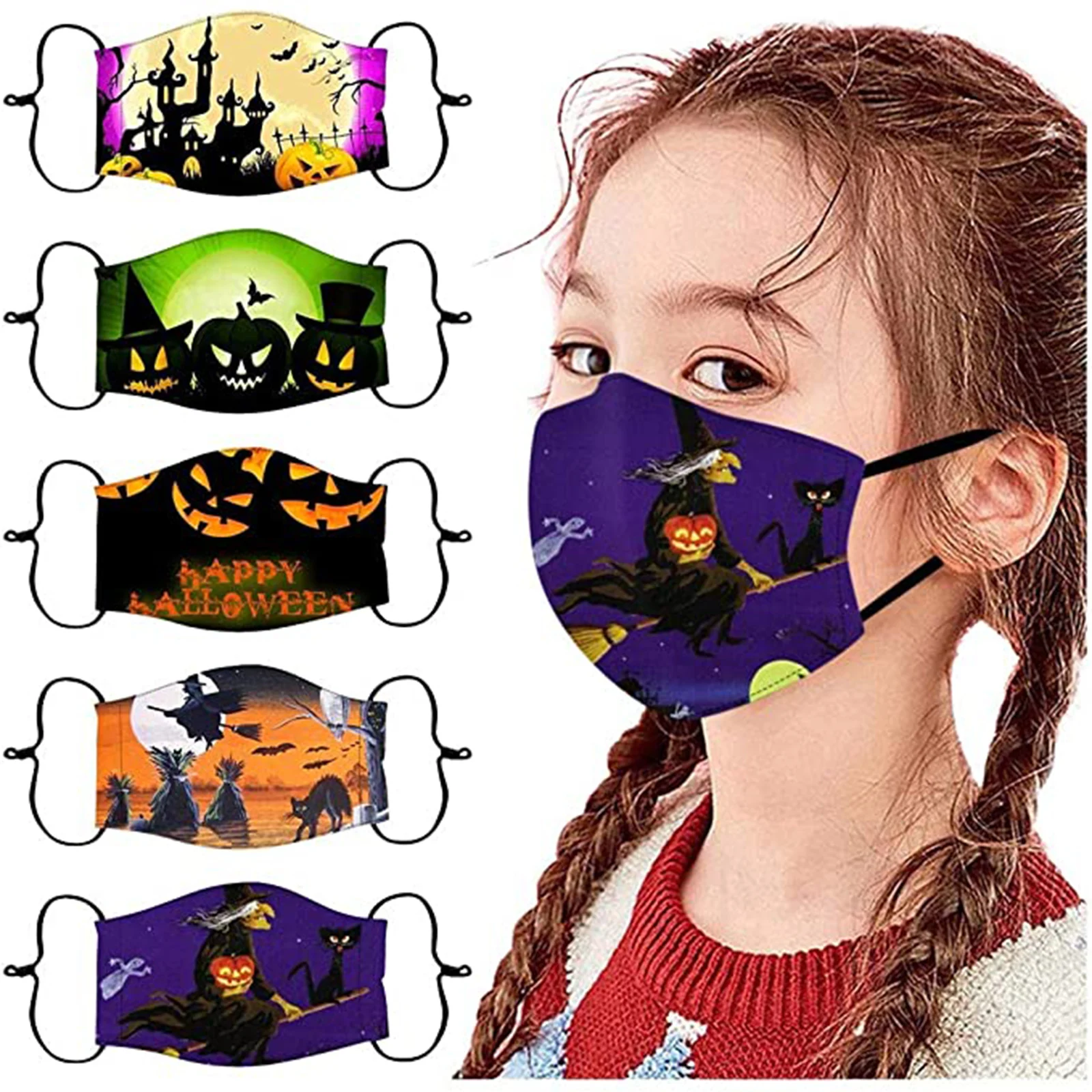 

5 Pcs Cotton Face Mask for Children Reusable Dustproof Face Cover Halloween Style Cute Cartoon Print for School Outdoor Face