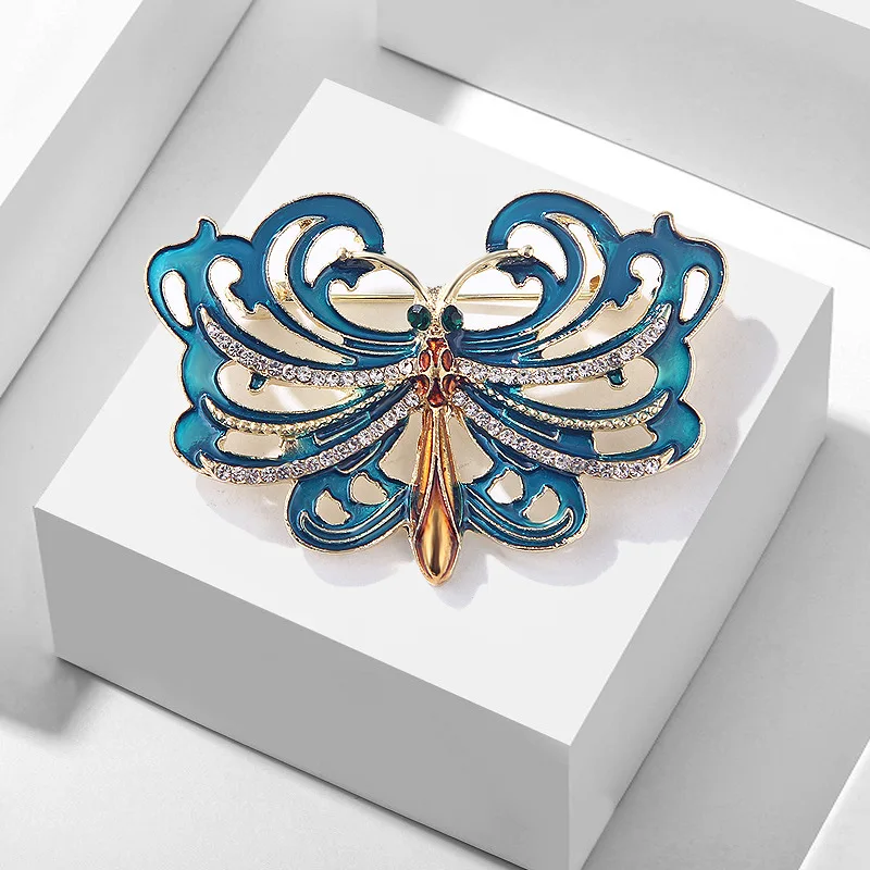 

TULX Female Rhinestone Cute Butterfly Brooches For Women Elegant Alloy Blue Enamel Insect Animal Brooch Safety Pins