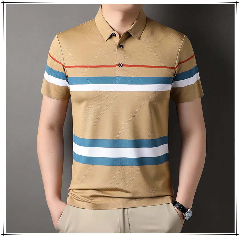 

Мужская рубашка-поло цвета хаки, повседневная классическая приталенная рубашка-поло в полоску с коротким рукавом, модная рубашка контрастн...