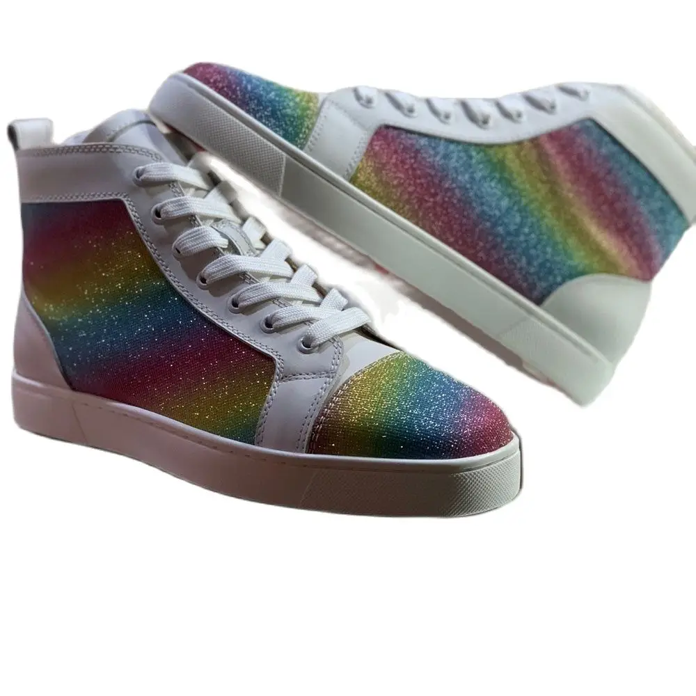

Luxury High Top Men Trainers Driving Spiked Rainbow Glitter Genuine Leather Wedding No Rivets White Sole Flats Sneakers Shoes