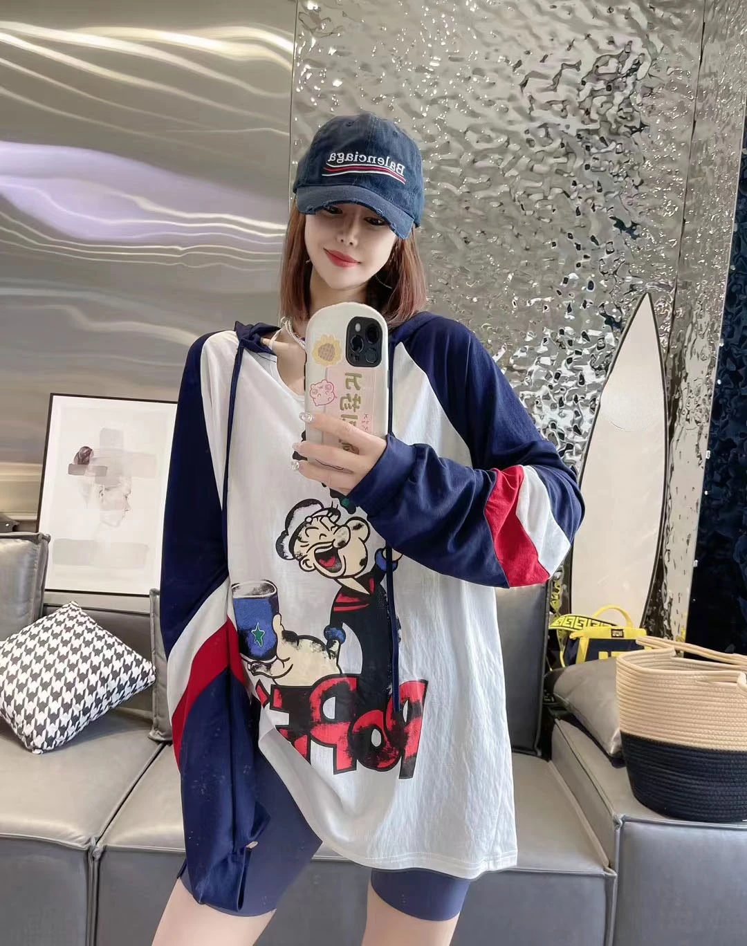

Disney Thin L-4XL Oversized Hoodies Tracksuit Pullover Hoodie Streetwear Women Summer Autumn Print Popeye Hooded Sweatshirts