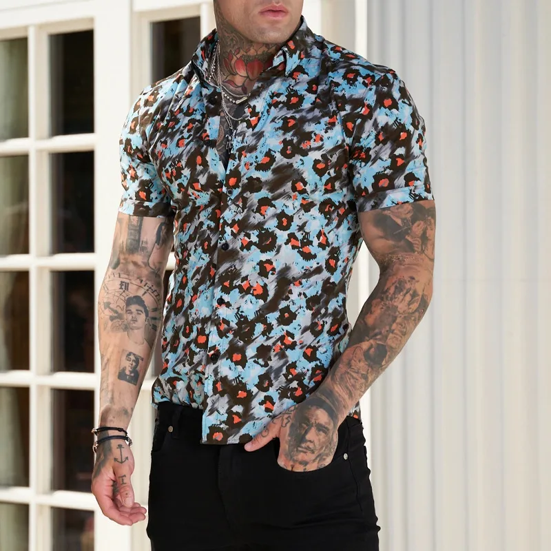 hot selling new trendy brand mens business cardigan mens leopard print loose lapel summer short sleeved casual shirt free global shipping