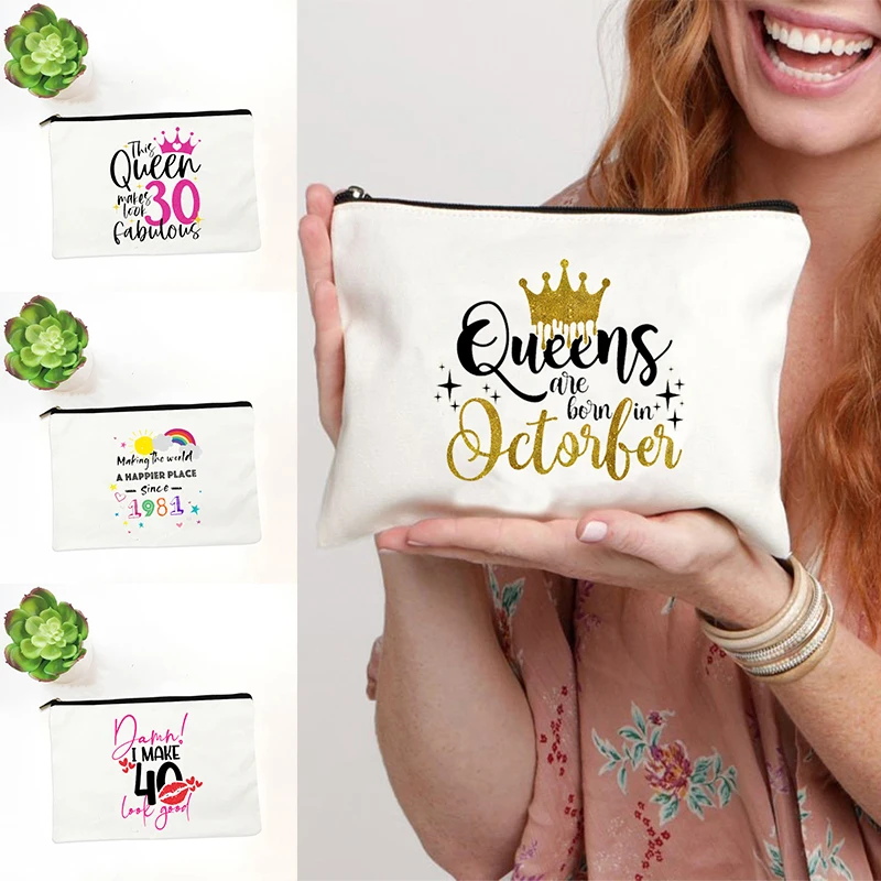 Crown 30th/40th/50th/60th Fabulous Graphic White Canvas Make Up Pouch for Traveling Bachelorette Party Gift Travel Lipstick Bags