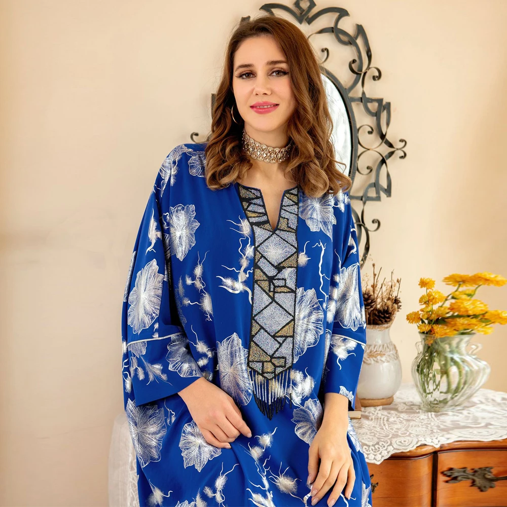 MD Eid Abayas For Women Dubai Turkish Stones Beads Tassel Dress Bohemian Kaftan Long Sleeve Gowns Muslim Floral Islamic Clothing
