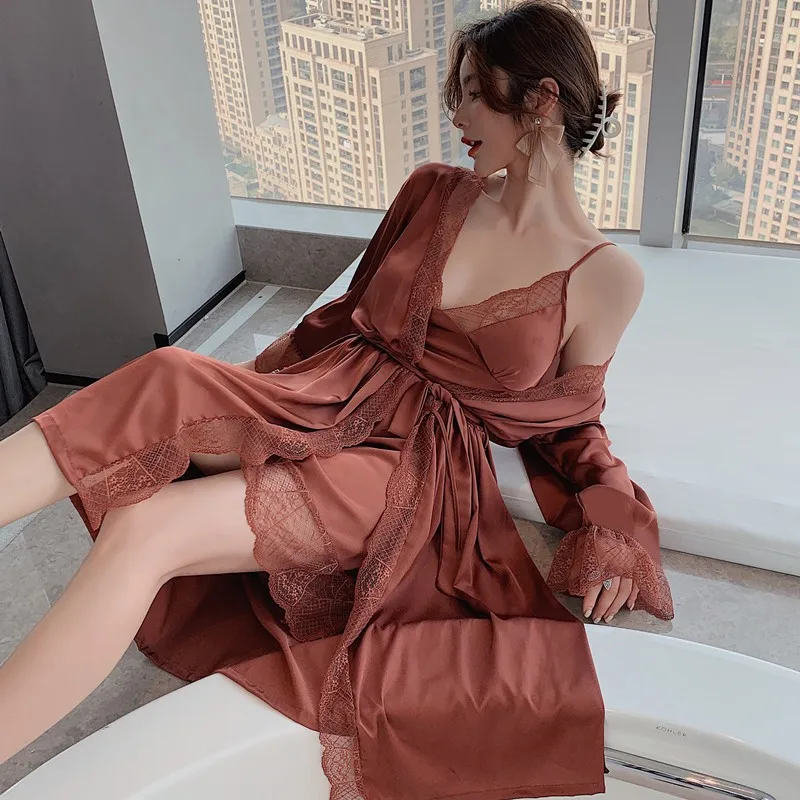 

Women Satin Nightgown Suit Casual Lace Bathrobe Gown 2PCS Kimono Robe Set Sexy Bride Bridesmaid Wedding Gown Summer Nightwear