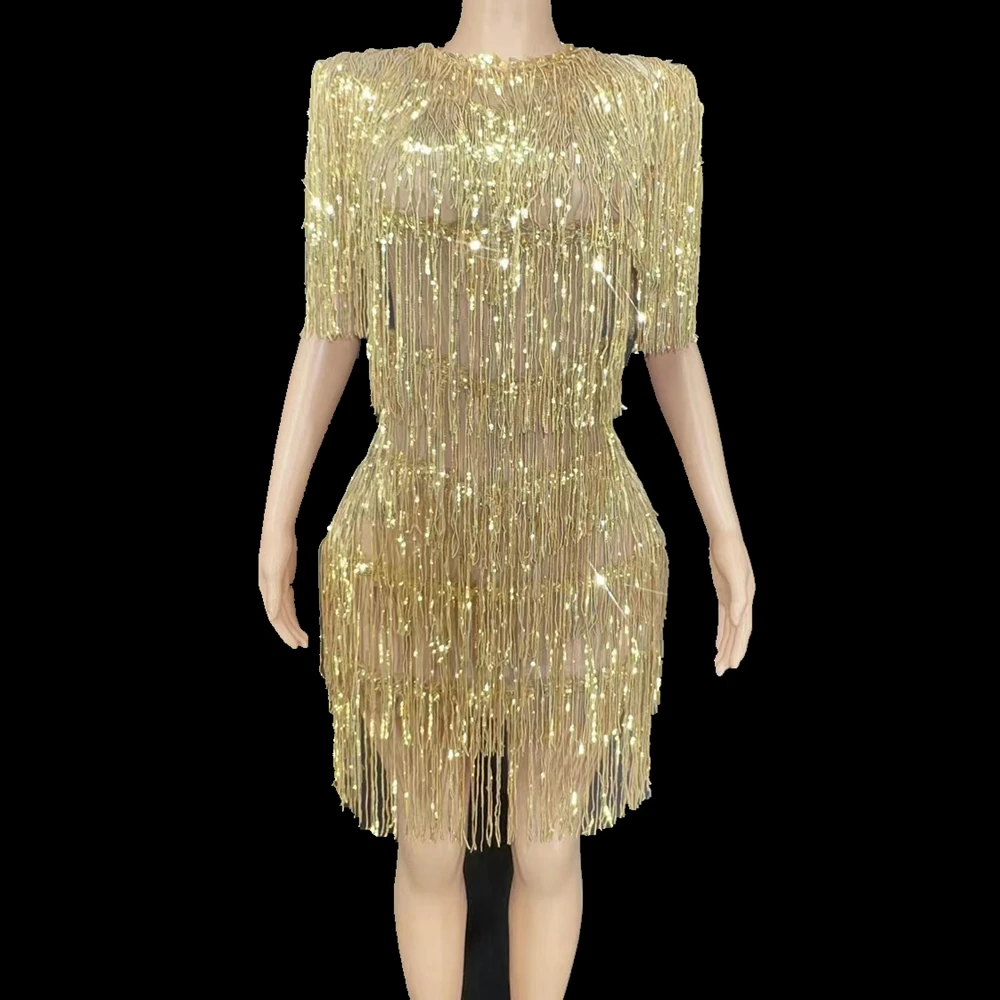 

Shining Gold Fringe Dress Sexy Tassel Latin Dance Dress Performance Show Stage Wear Women Party Nightclub Birthday Dress