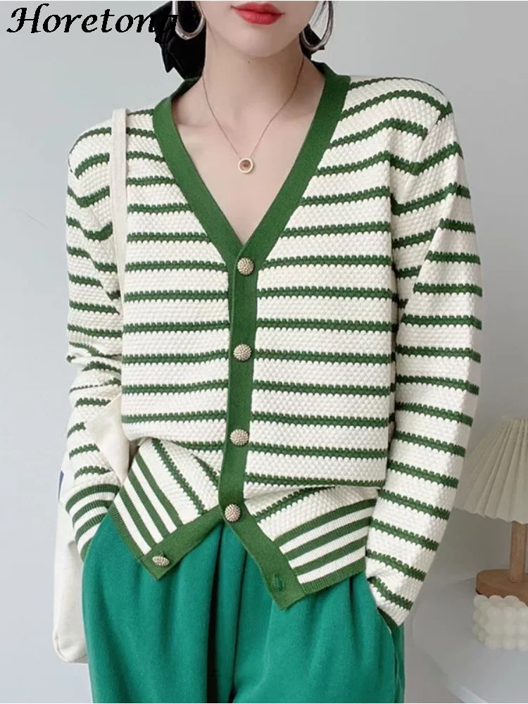 

Horetong Elegant Loose Striped Sweater V-neck Women's Vintage Single Breasted Knitted Cardigan Chic All-Match Autumn Clothes