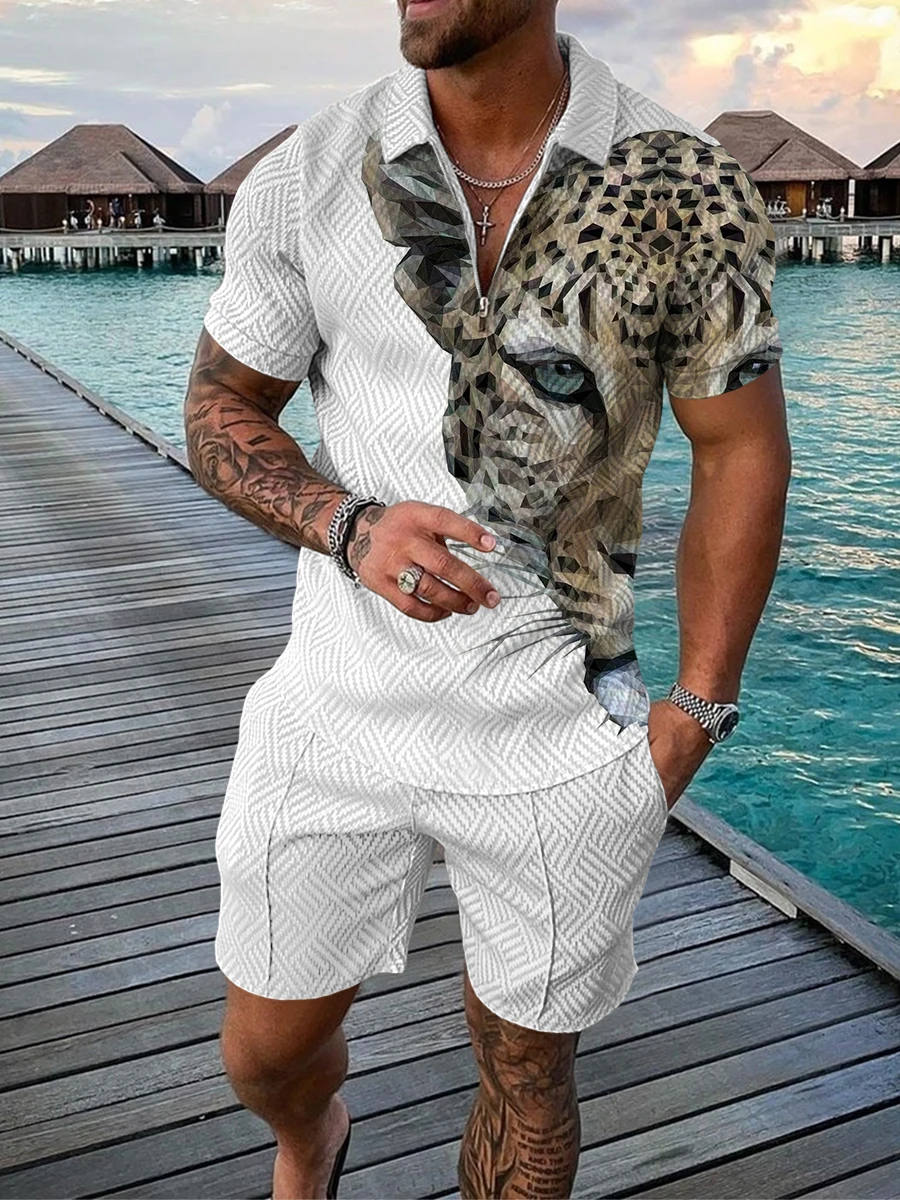 Men's Polo Shirt Set Summer Fashion Trend Style Pullover Shorts Suit 2 Piece Square Neck Zipper Casual Jogging Set For Men