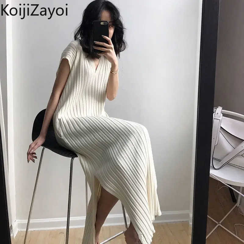 

Женское трикотажное платье макси с V-образным вырезом и коротким рукавом