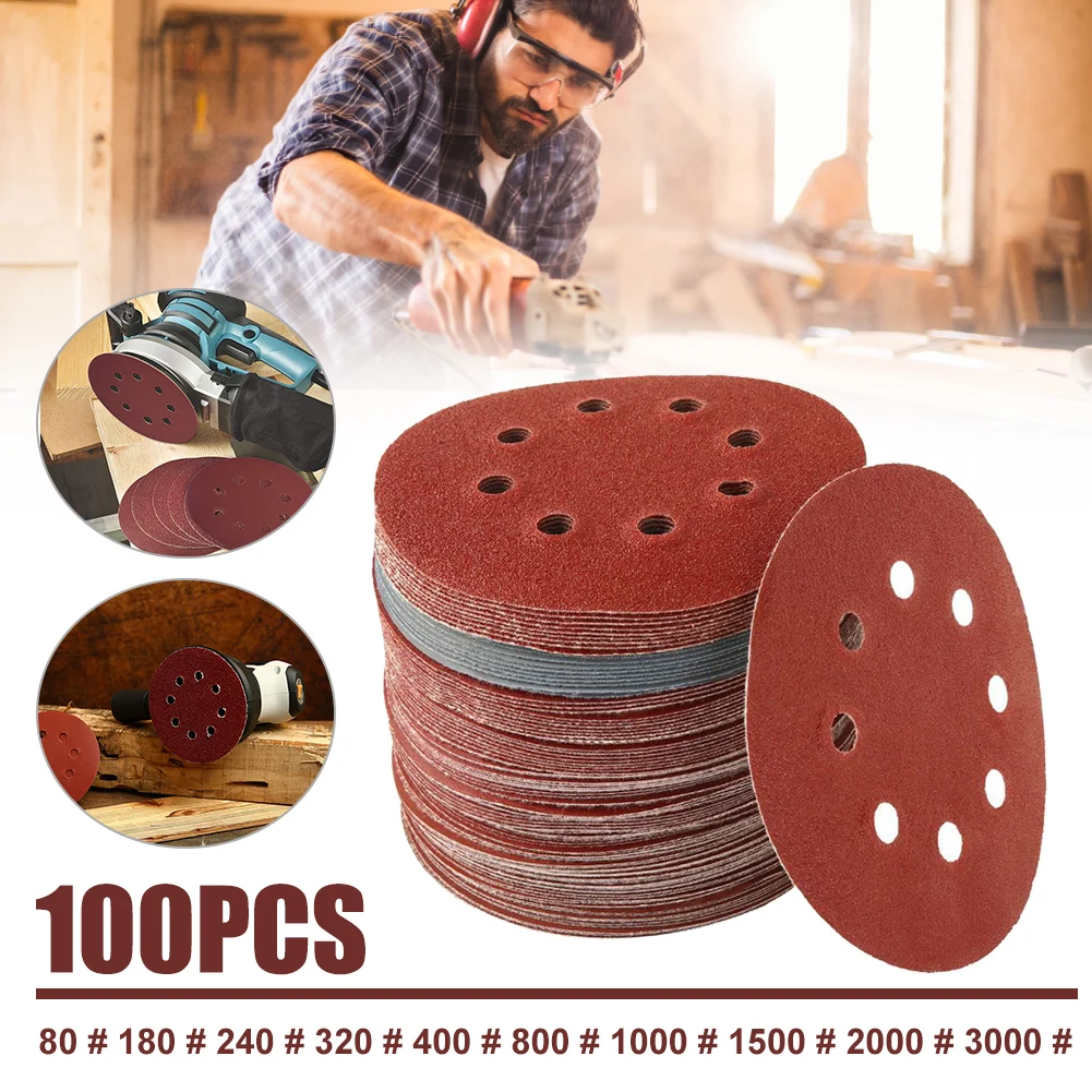 100pcs 125mm Sanding Discs 8 Hole Hook and Loop Sandpaper 80-3000 Grit Sanding Paper for Metal Glass Grinding Polishing Tools