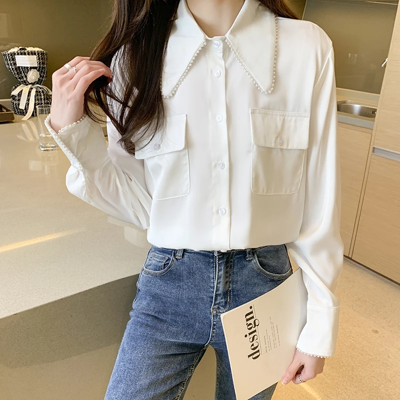 

Женская шифоновая рубашка с длинным рукавом, белая Свободная блузка с жемчужным дизайном, 701c, 2022-14, весна 417