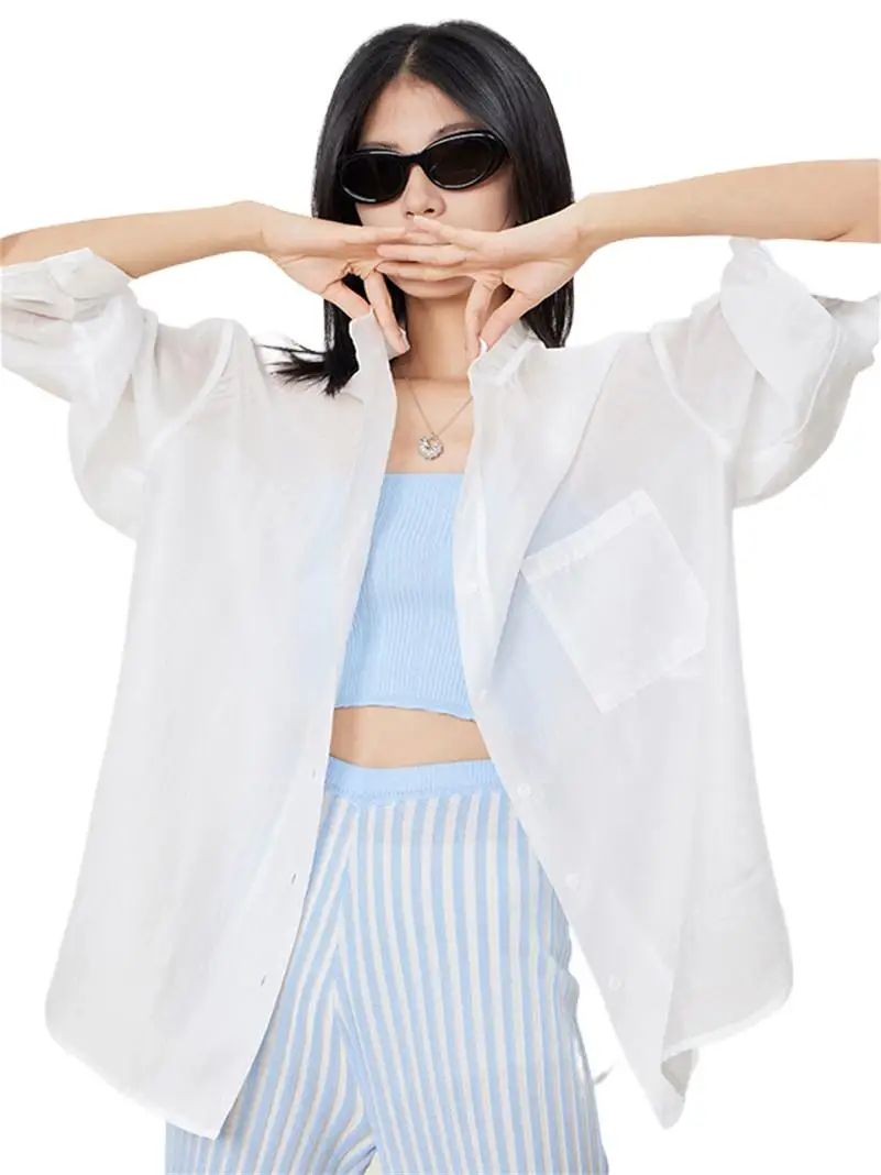 

Женская рубашка из искусственного шелка, простая свободная офисная Повседневная Блузка с воротником-стойкой, однотонная Базовая дышащая блузка с длинным рукавом, весна 2023