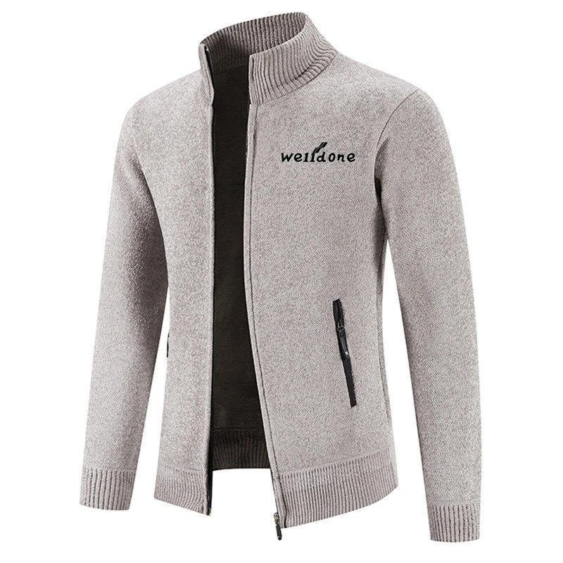 

New Autumn Winter Leisure Men Fleece Cardigan Warm Knitted Sweatercoat Mens printing Stand Collar Zipper Slim Knitwear Coat