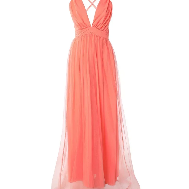 damska wieczorowa wysoka talia długość do podłogi seksowna sukienka pomarańczowa bez rękawów z gazy długa