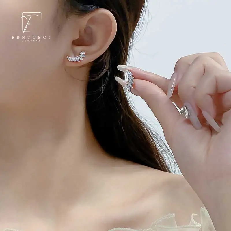FENTTECI 925 Sterling Silver Elf Earbone Clip Angel Wings Flash Diamond Curved Stud Earrings Advanced Custom Earrings For Women