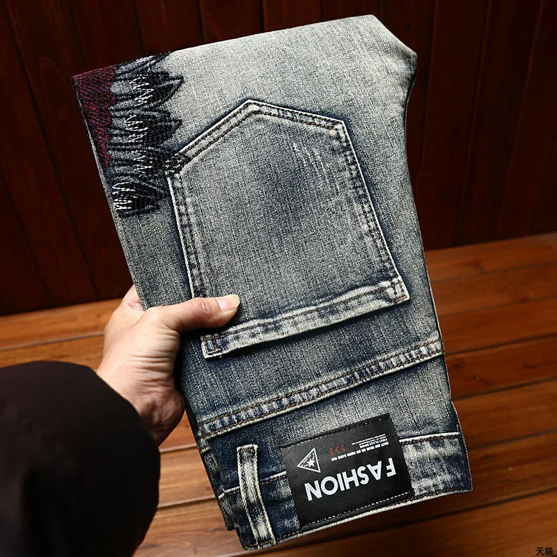 Индийские вышитые джинсы мужские Стрейчевые модные высококлассные облегающие