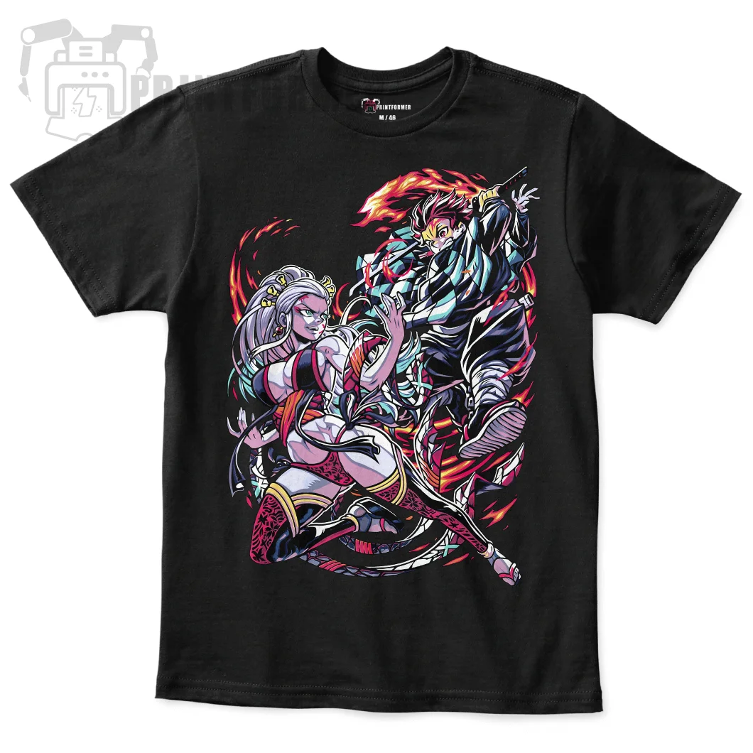 Футболка Tanjiro VS Daki Demon Slayer Kimetsu No Yaiba Anime Manga Черная рубашка