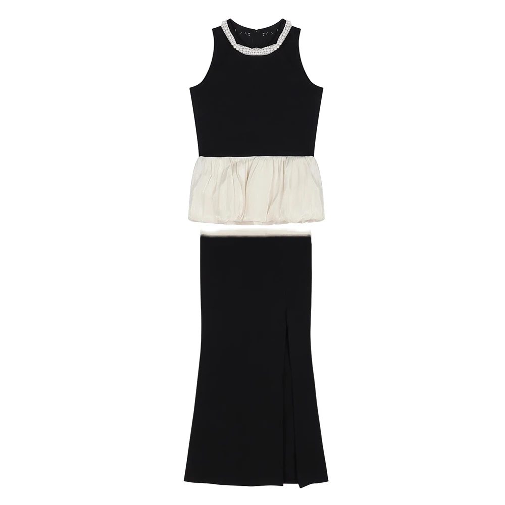 Женский комплект из двух предметов: жилет с круглым вырезом и юбка высокой талией