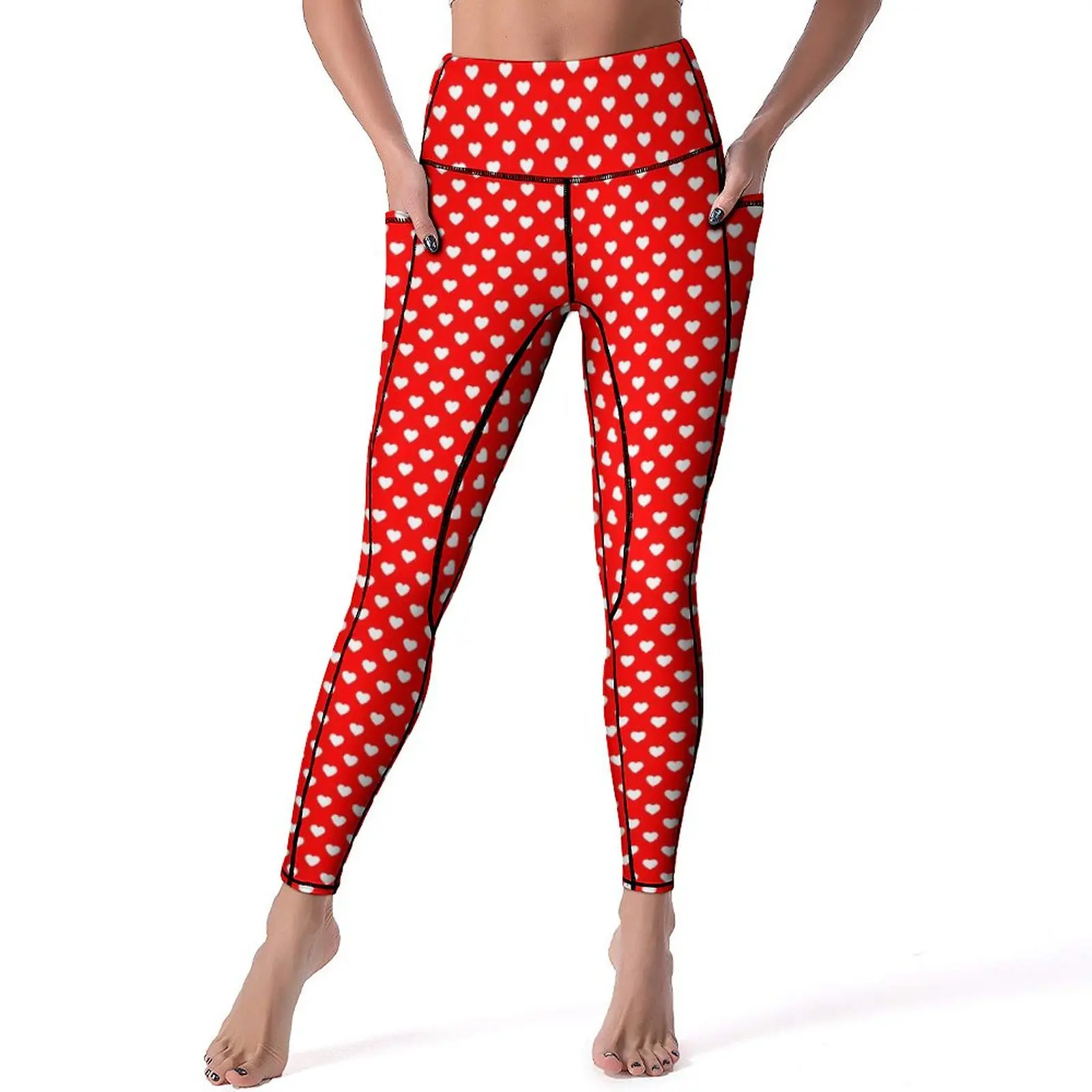 

Red And White Hearts Leggings Sexy Polka Dot Fitness Yoga Pants Push Up Elastic Sport Legging With Pockets Funny Graphic Leggins