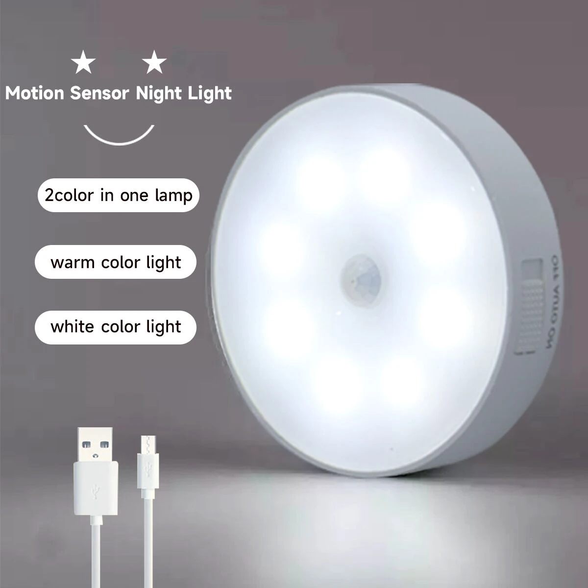 Motion Sensor Light Led USB NightLights Round Chargeable Lamp for Bedroom Kitchen Stair Hallway Wardrobe Cupboard Lighting
