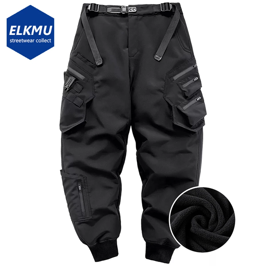 Men Fashion Techwear Cargo Pants Zipper Pockets Military Trousers Thick Fleece Harajuku Joggers Streetwear Hip Hop Sweatpants