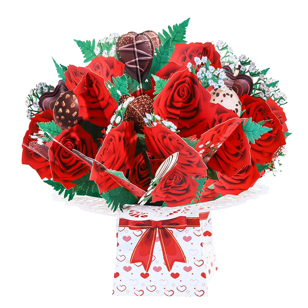 

3D Pop Up Greeting Card with Envelope Rose Pop-Up Bouquet with Chocklotes Wife Mom Girlfriend Teacher Gift