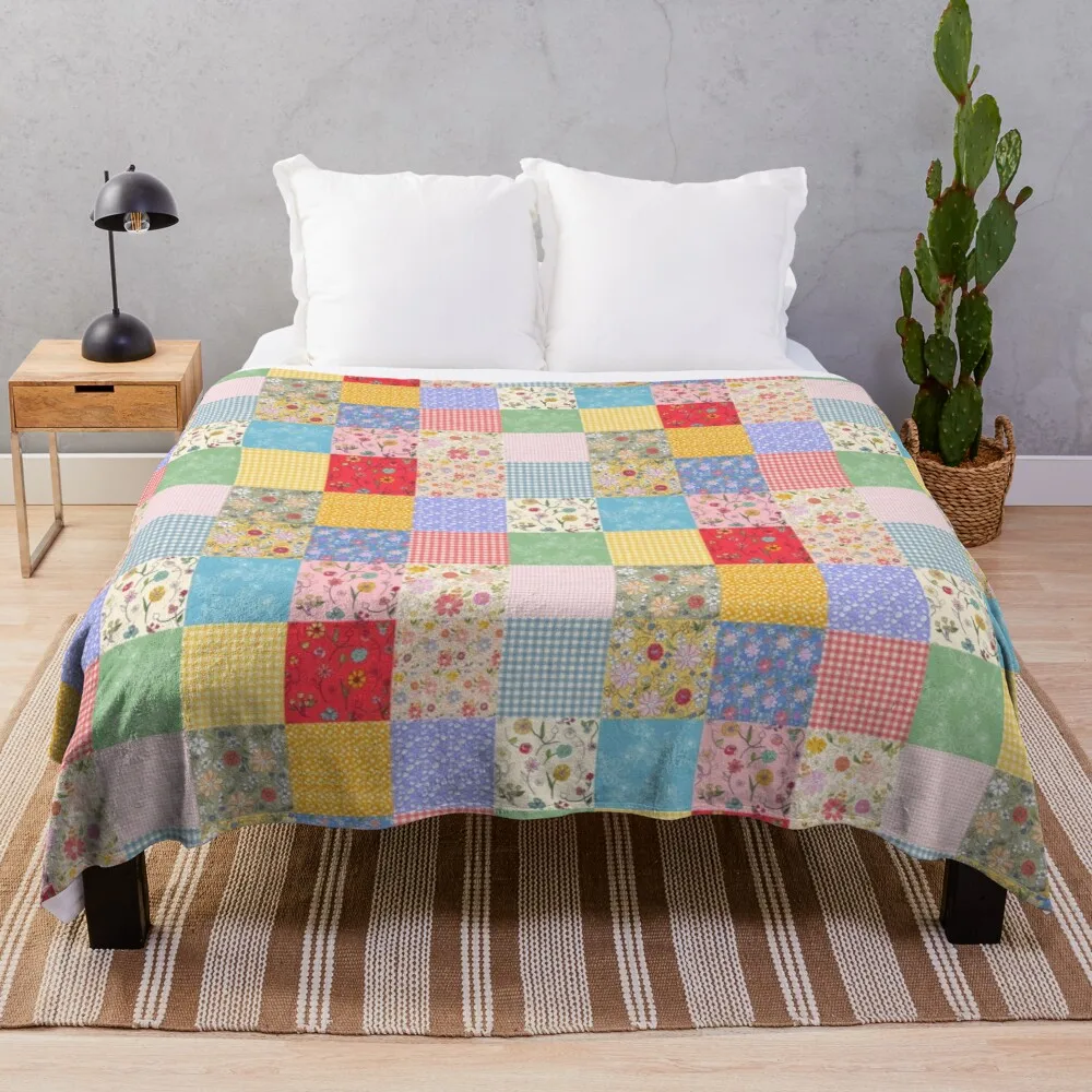 

Happy Cottage Patchwork Throw Blanket Soft Plush Plaid Thin Blankets Hairy Blankets