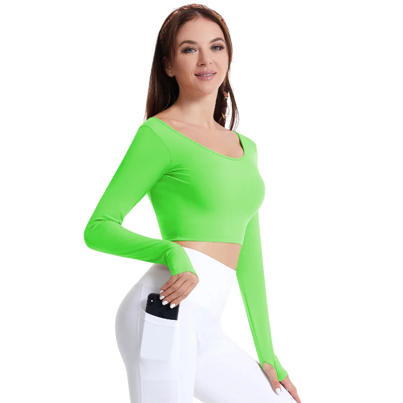 Women's Solid Color Open Back Long Sleeve Yoga Clothes Trendy Navel Cropped Track Tops Running Aerobics Fitness Sportswear New