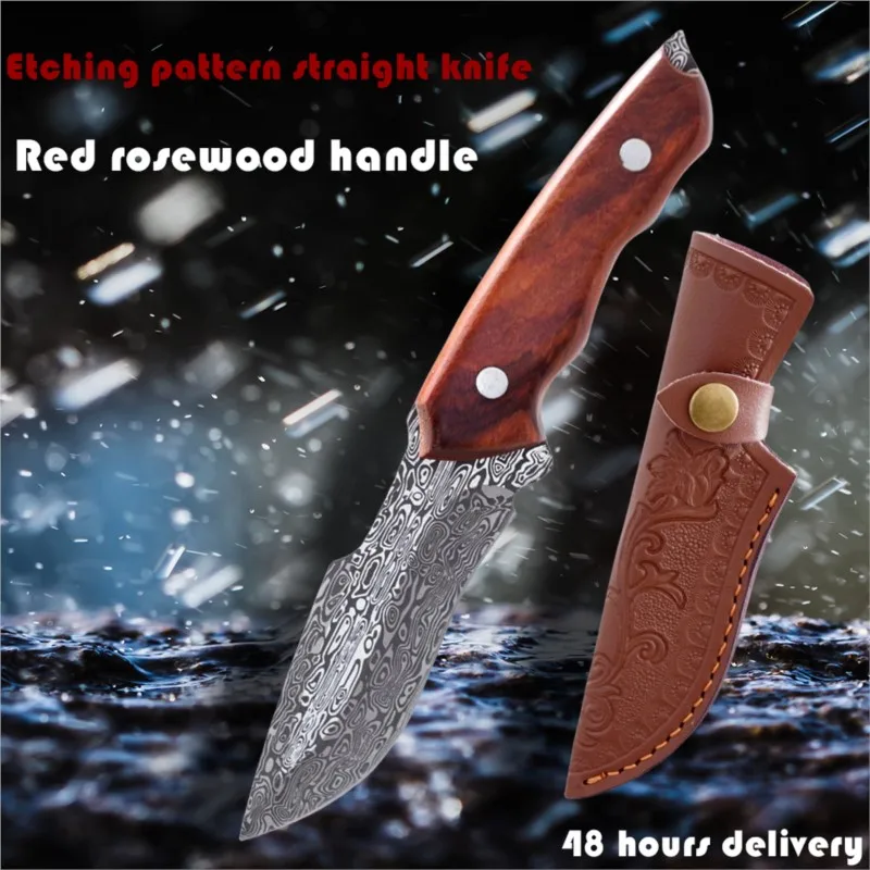 Дамасса уличный прямоугольный нож с коррозионным рисунком шлифовальное лезвие ежедневный прочный легко носить с собой красная ручка из сандалового дерева отправляется кобура