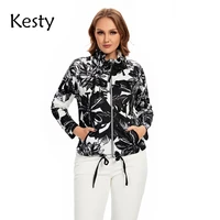 kesty womens plus size jacket fall polyester long sleeve jacket printed zip stretch loose jacket