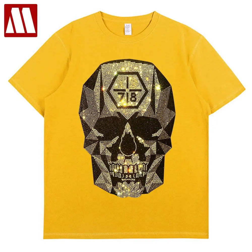 

Женская футболка с коротким рукавом, желтая Повседневная футболка из 2022 хлопка с круглым вырезом и принтом в виде черепа и бриллиантов, лето...
