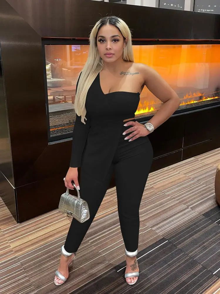 

Соблазнительный комплект из двух предметов HAOYUAN, женская осенняя одежда, топ на одно плечо с длинным рукавом, леггинсы, брюки, костюм, клубный костюм, подходящие комплекты