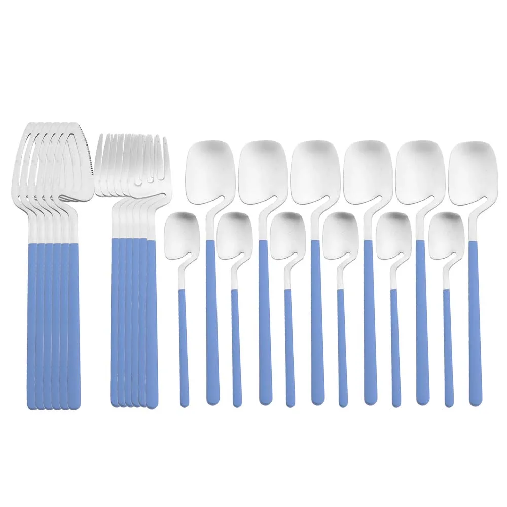 24Pcs Tableware Set Matte Silverware 304 Stainless Steel Dinnerware Knife Fork Spoon Cutlery Set Kitchen Blue Silver Flatware