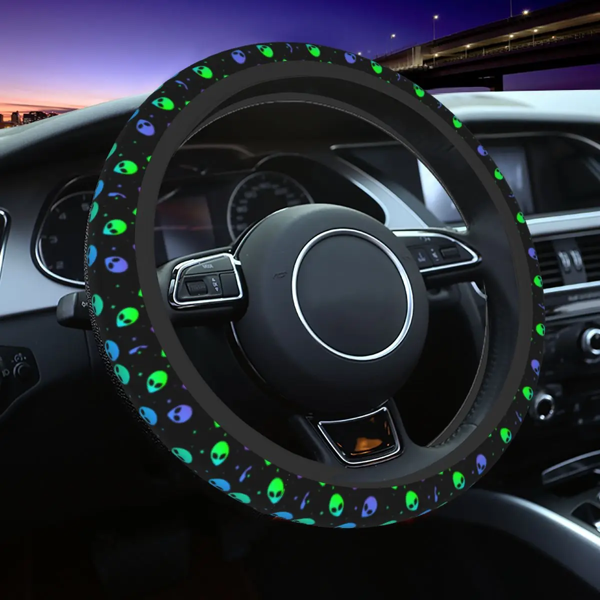 

37-38cm Colorful Aesthetic Alien UFO Pattern Auto Car Steering Wheel Cover 14.5-15 Inch Steering Wheel Protector for SUV